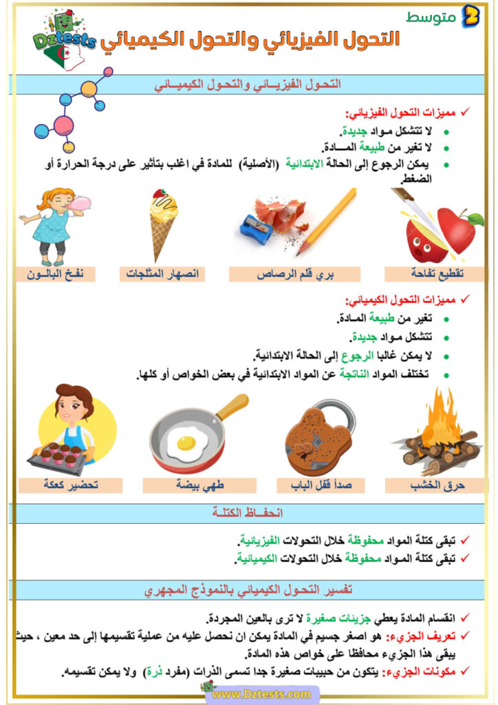 التحول الفيزيائي و التحول الكيميائي في الفيزياء - سنة الثانية متوسط